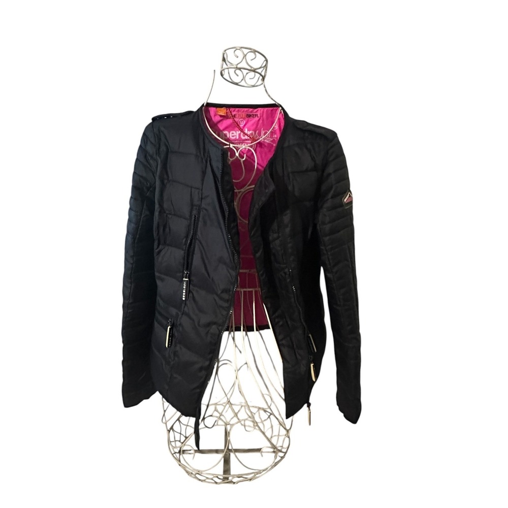 Superdry Fuji Biker Jacket Black Pink Lining Quilted Puffer Moto Size M